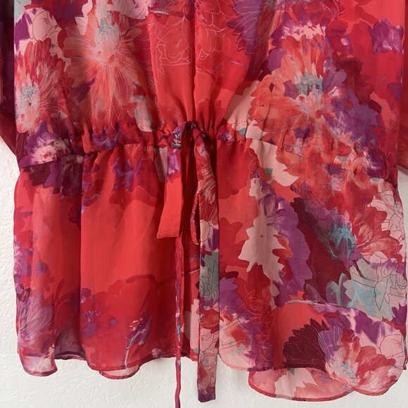 a.n.a Women Plus Size 2X Red Floral Flutter Chiffon Waist Tie V- Neck Blouse Top - Picture 9 of 11